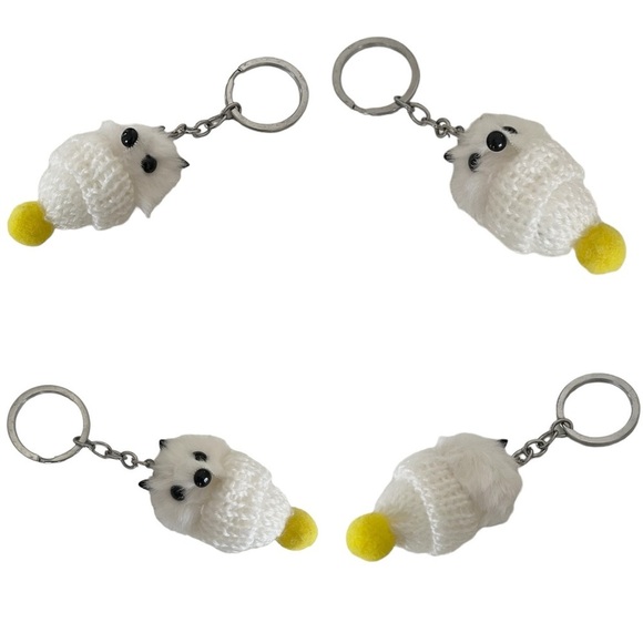 White Animal Keychain with Yellow Pom Pom in Mini Knitted Hat - Picture 2 of 11